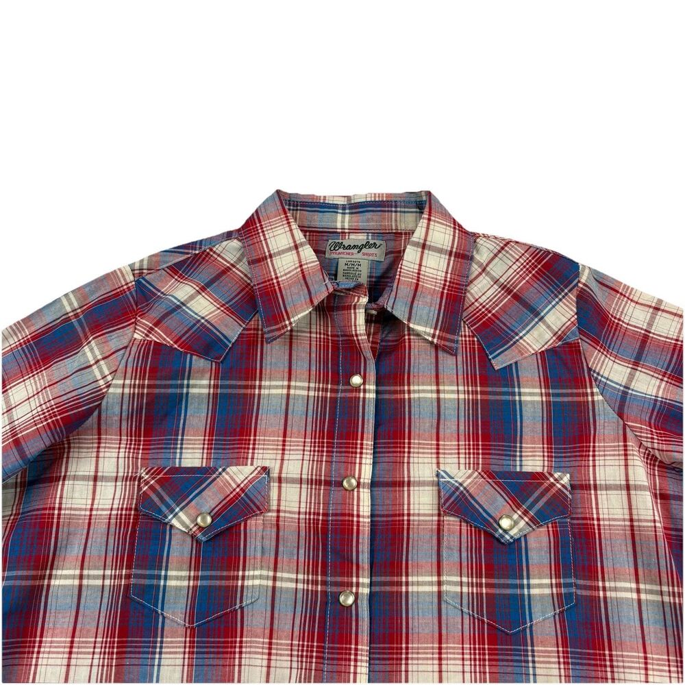 Vintage Wrangler Western Pearl Snap Womens M Plaid Long Sleeve Dual Pocket